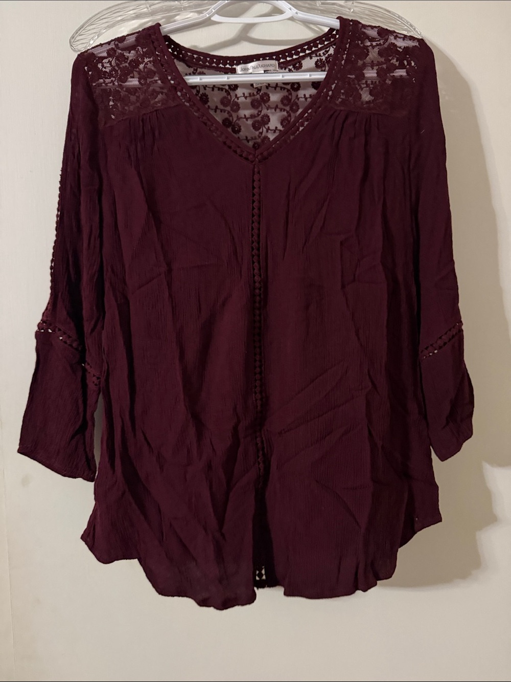 JohnPaulRichard Wine Lace-Yoke V-Neck Blouse